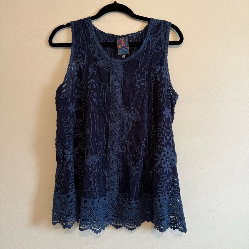 Johnny Was Deep Blue Floral eyelet Lace top medium